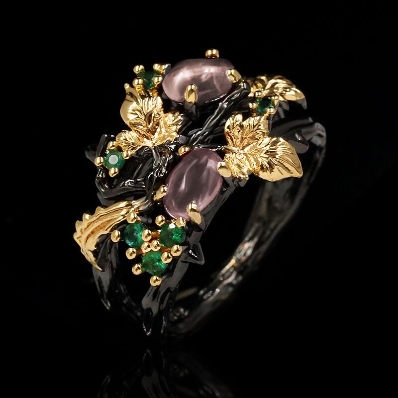 New Exquisite Leaf Flower Color Zircon Ladies Women&#39;s Ring Jewelry Black Gold Two-color Red Zircon Ring Ladies Ring