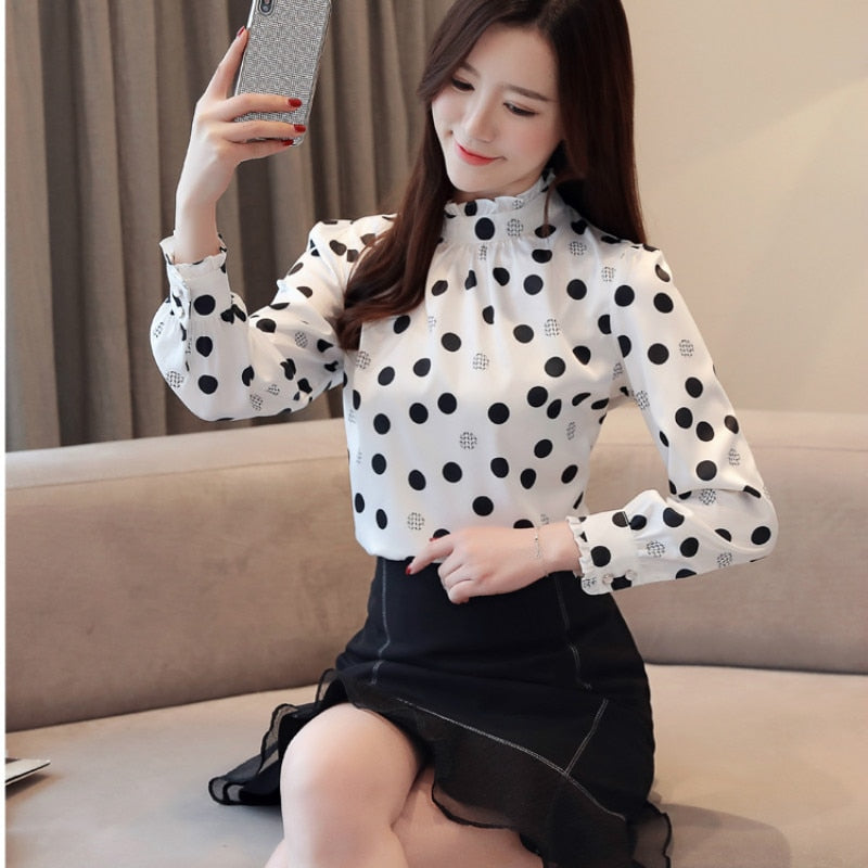 clothe 2022 Autumn Fashion Women Chiffon Shirts Long Sleeve Polka Dot ruffless Women Blouses Casual Stand Collar Women Tops