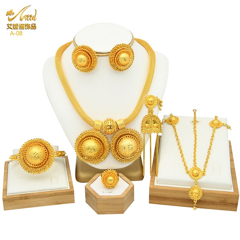 Women's six Piece Ethiopian Flower Shape Plated Jewelry Sets Nigerian Wedding Party Gifts Luxury Necklace Set