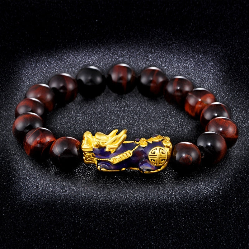 Stone Beads Bracelet Men Women Unisex Chinese Feng Shui Pi Xiu Obsidian Wristband Gold Wealth & Good Luck Pixiu Women Bracelets