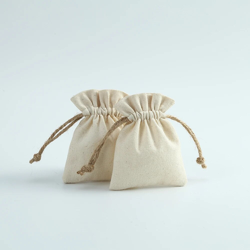 100pcs Nature Cotton Jewelry Bags Grosgrain Ribbon Drawstring Pouch Custom Logo Earring Bracelet Dice Dust Bag Wedding Gift Bag