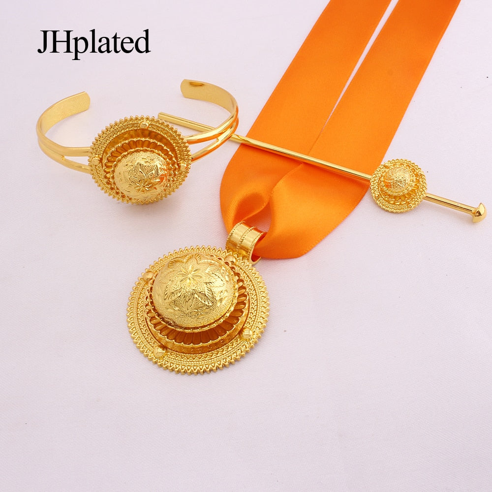 Luxury Gold plated bridal Jewelry sets for women Ethiopian Red rope pendant Hairpin necklace earrings bracelet ring wedding gift