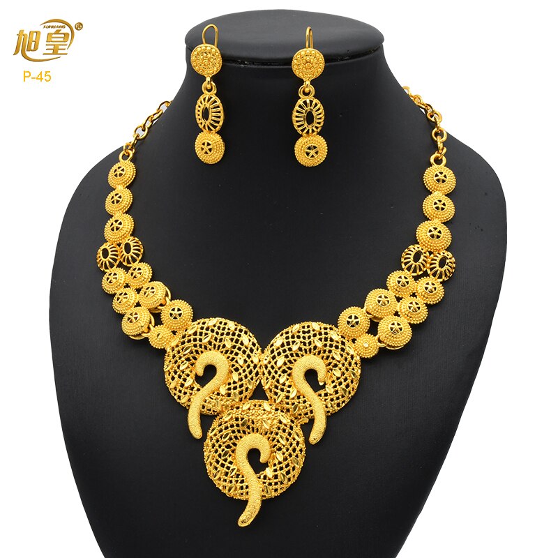 XUHUANG Dubai 24K Plated Necklace Earring Set Arabic Ethiopian Nigerian Banquet Wedding Party Necklace Choker Jewellery Set Gift