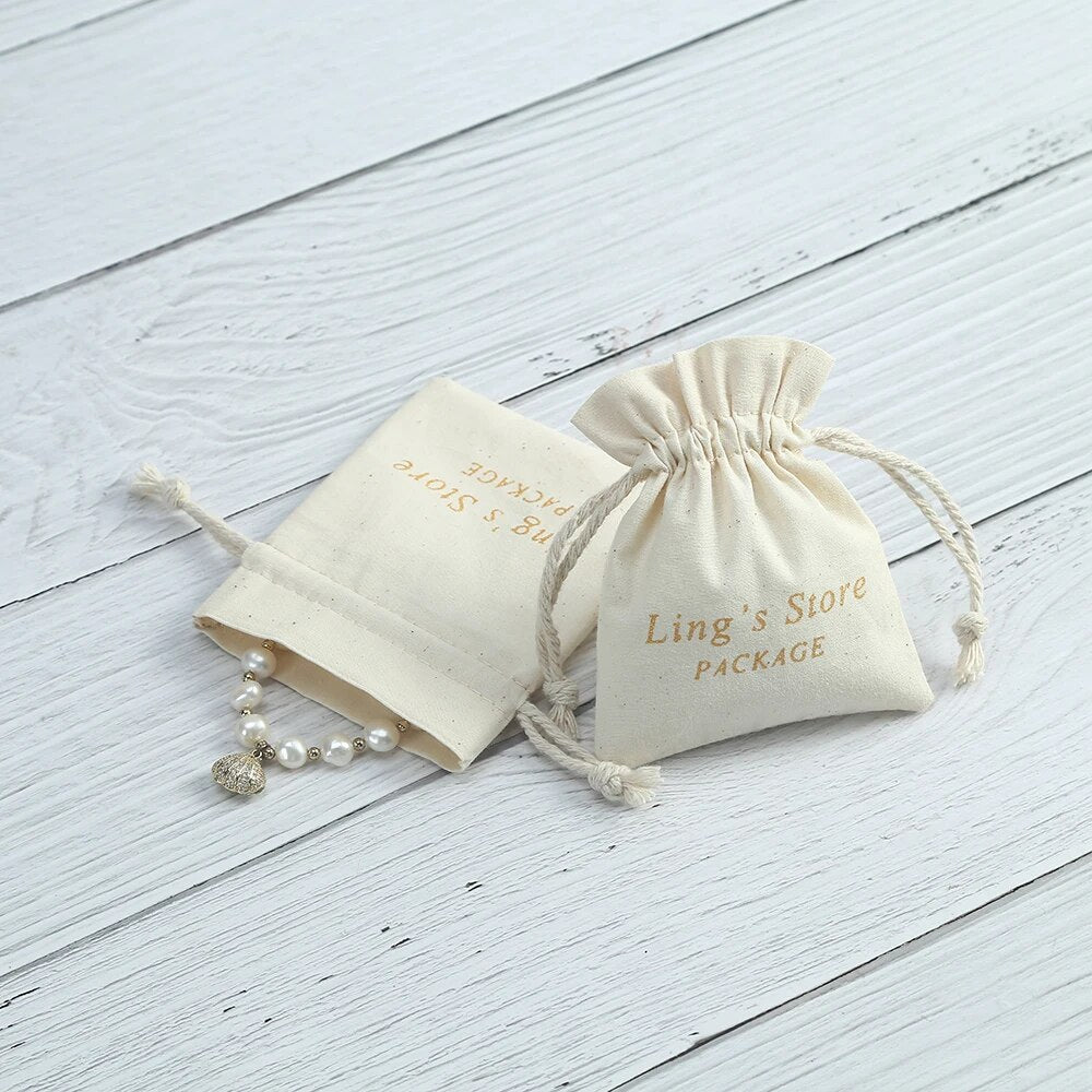 100pcs Nature Cotton Jewelry Bags Grosgrain Ribbon Drawstring Pouch Custom Logo Earring Bracelet Dice Dust Bag Wedding Gift Bag