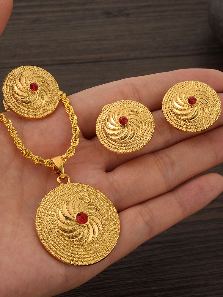 Ethiopian Set Jewelry Necklace Earrings Ring Gold Color African Bridal Sets Habesha Eritrea Wedding Sudan