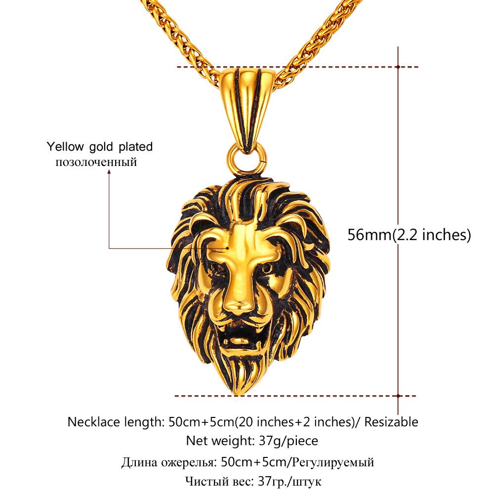 U7 Black Lion Charms Necklace Rock Punk Style Men/Women Retro Jewelry Gold Color Stainless Steel Chain Necklace & Pendant P807