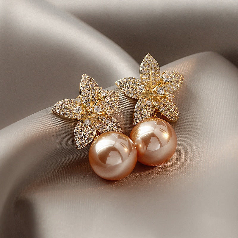 Rose Gold Pearl Flower Dangle Earrings for Women Silver Needle Full Rhinestone Korean Fashion Jewelry 2023 Accessories