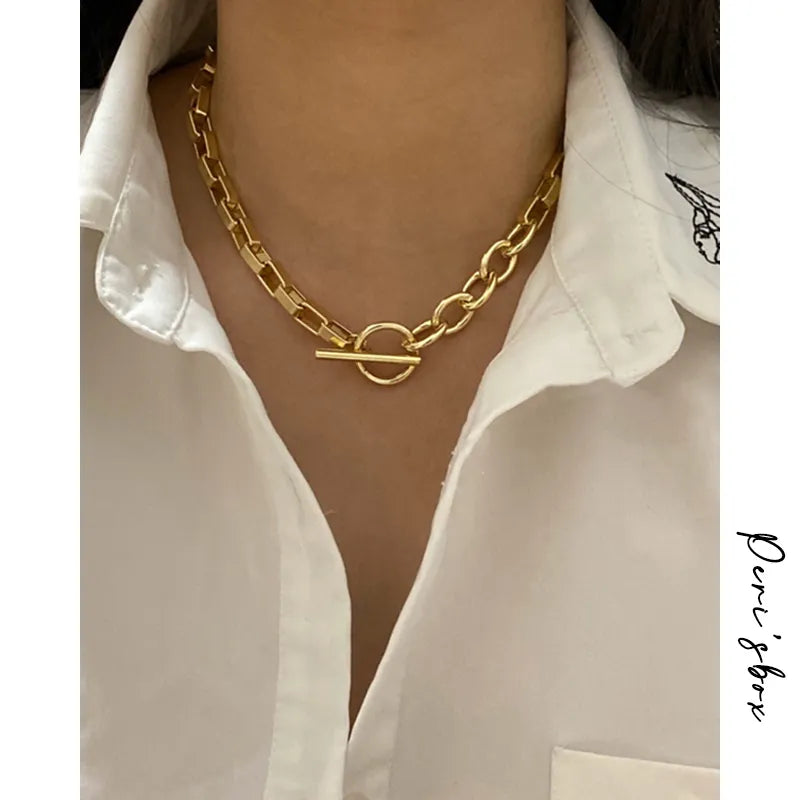 Peri'sBox Box Chain Toggle Clasp Gold Color Necklaces Mixed Linked Circle Necklaces for Women Minimalist Choker Necklace Jewelry