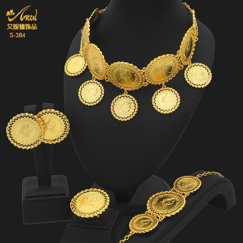 ANIID Dubai Gold Plated Coin Necklace Bracelet Jewelry Sets For Women African Ethiopian Bridal Wedding Luxury Jewellery Gifts