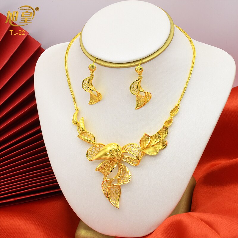 XUHUANG Dubai 24K Plated Necklace Earring Set Arabic Ethiopian Nigerian Banquet Wedding Party Necklace Choker Jewellery Set Gift