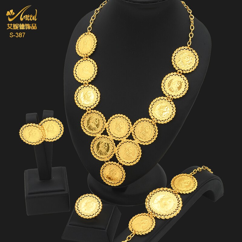 ANIID Dubai Gold Plated Coin Necklace Bracelet Jewelry Sets For Women African Ethiopian Bridal Wedding Luxury Jewellery Gifts