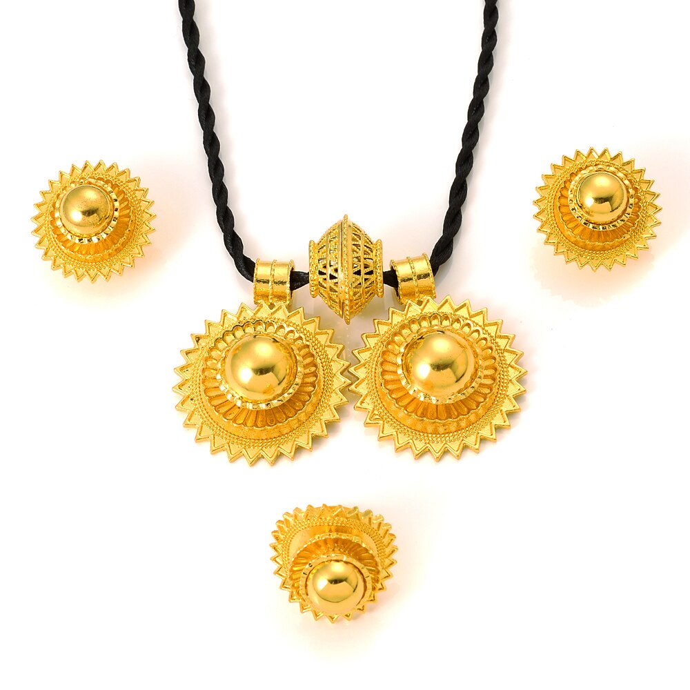 Ethiopian Geometry Round Big Pendant Earrings Jewelry Sets 24K Gold Color African Wedding Bridal  Women Habesha Party Gifts