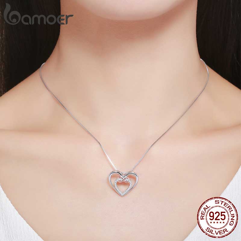 Bamoer 925 Sterling Silver Elegant Double Heart Infinity Love Pendant Necklace for Women Fine Jewelry Anniversary Gift SCN121