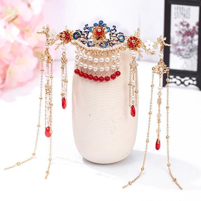 FORSEVEN Chinese Hair Accessories Women Flower Pearls Hairpins Long Tassel Headpieces Sticks Hair Comb Bridal Jewelry Sets