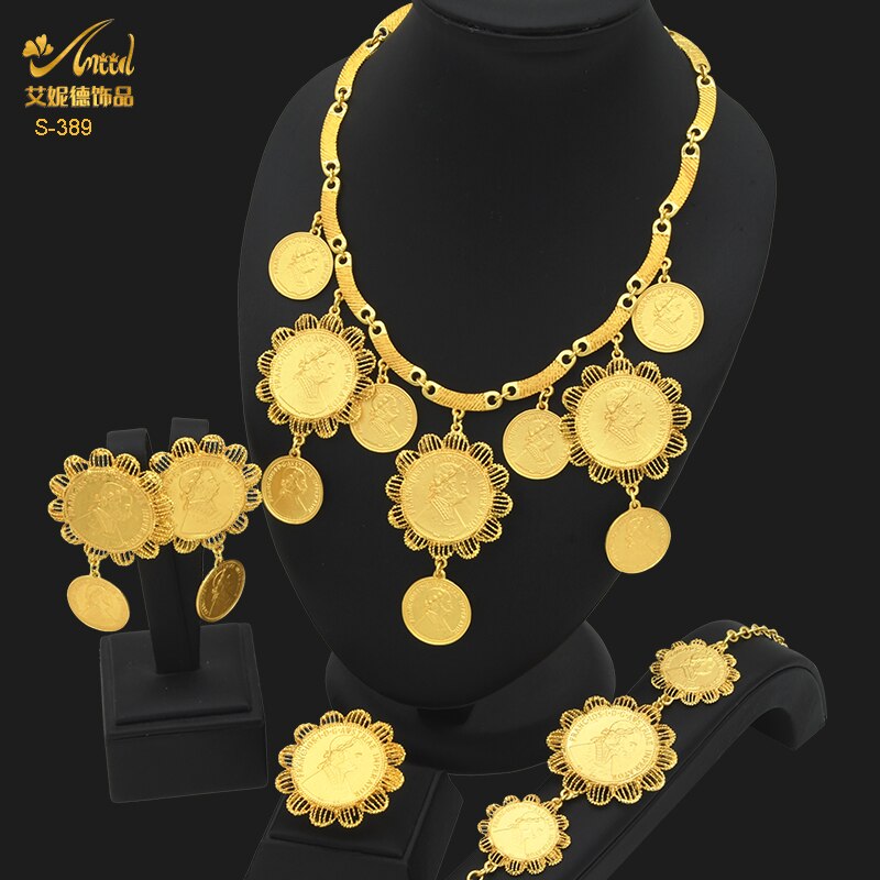 ANIID Dubai Gold Plated Coin Necklace Bracelet Jewelry Sets For Women African Ethiopian Bridal Wedding Luxury Jewellery Gifts