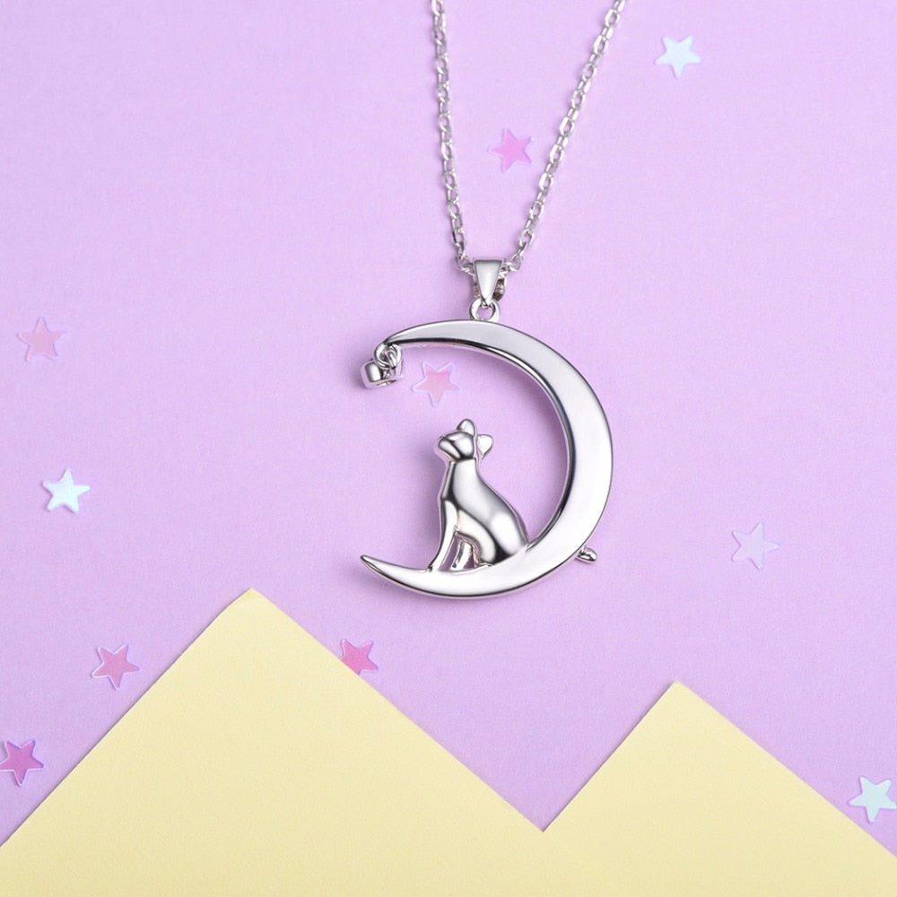 U7 Authentic 100% 925 Sterling Silver Cat Moon Necklace Meditation Women Jewelry   Chain &amp; Pendant Valentine Gift SC17