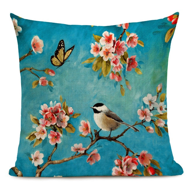 Watercolor Flower Cushion Cover Vintage Bird Blue Pink Pillow Case Transparent Flowers Sofa Decorative Pillow Cover 45x45cm