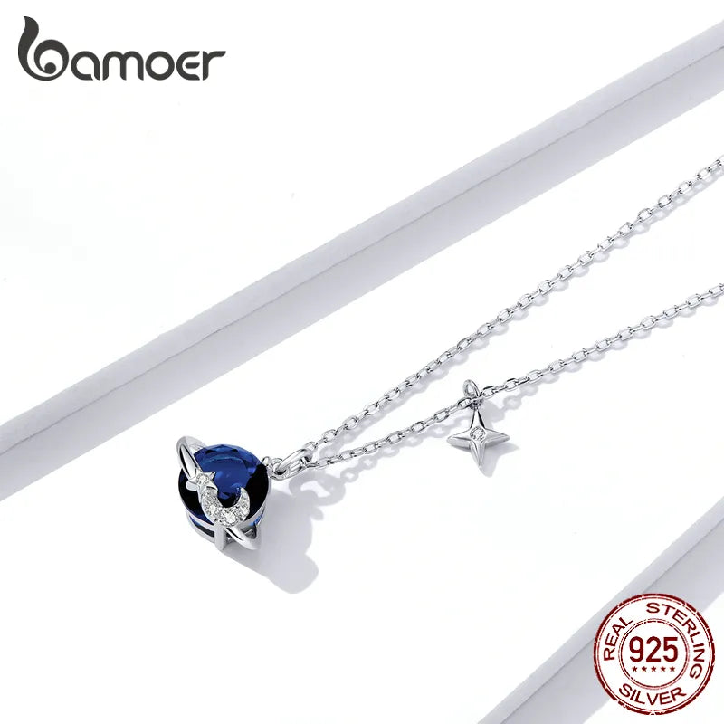 bamoer 925 Sterling Silver Blue Planet Pendant Necklace for Women Stars Design Engagement Statement Jewelry Colllar BSN166