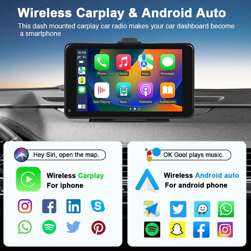 Podofo Universal 7'' Car Radio Multimedia Video Player Wireless Carplay And Wireless Android Auto Touch Screen For Nissan Toyota