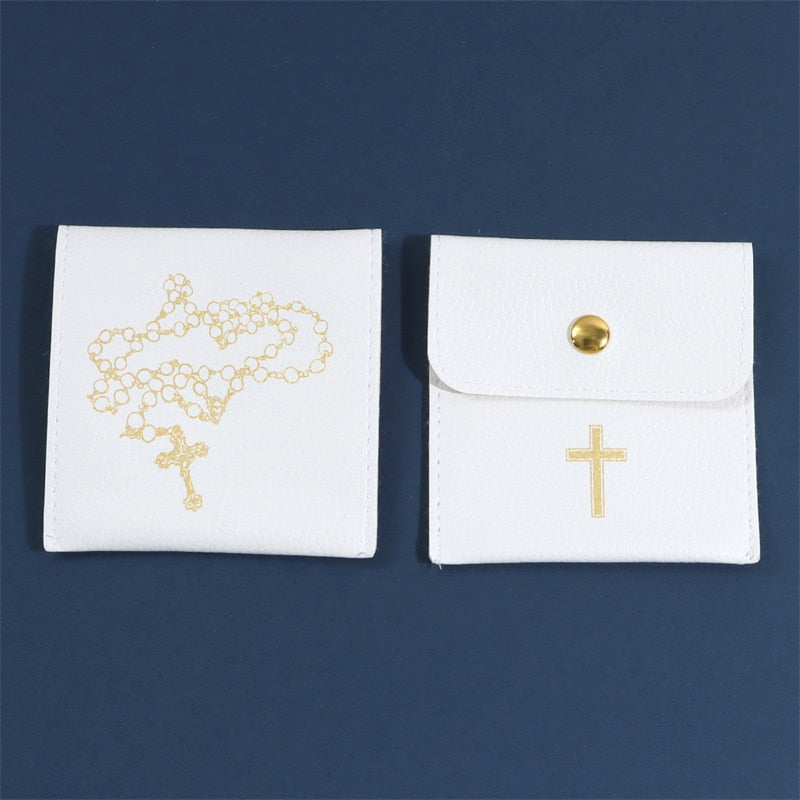 Pu Leather Bags for Rosary Necklace White Religion Jewelry Pouch with Cross Gift Packaging Buckle Bag Jewelry Storage Pouches