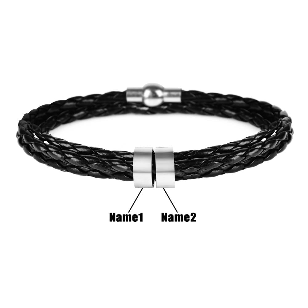 Personalized Mens Braided Genuine Leather Bracelet Stainless Steel Custom Beads Name Charm Bracelet for Men with Family Names