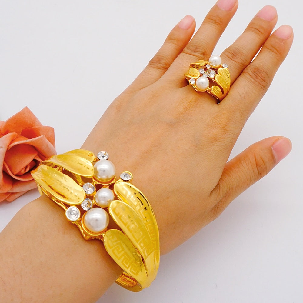 Fine Dubai Gold Color Hollow Out Flower Bracelet For Women African Bangle Ring Ethiopian Jewelry Bridal Wedding Gifts Party