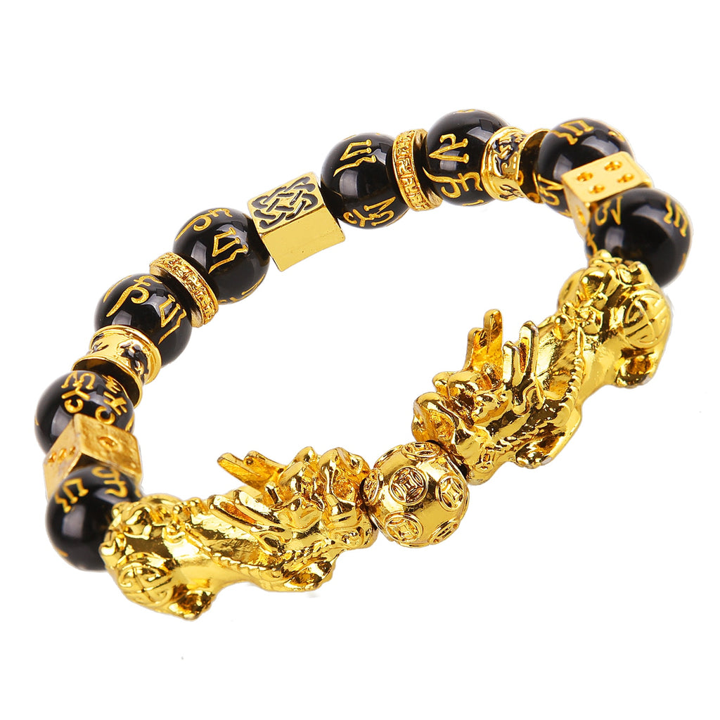 Stone Beads Bracelet Men Women Unisex Chinese Feng Shui Pi Xiu Obsidian Wristband Gold Wealth & Good Luck Pixiu Women Bracelets