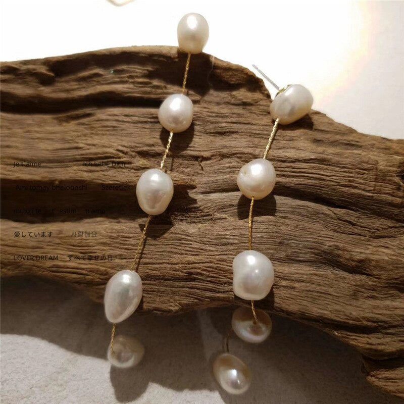 Peri&#39;sBox Long Thread Natural Freshwater Pearl Earrings Beaded Pearl Tassel Earrings for Women Elegant Minimalist Jewelry 2020