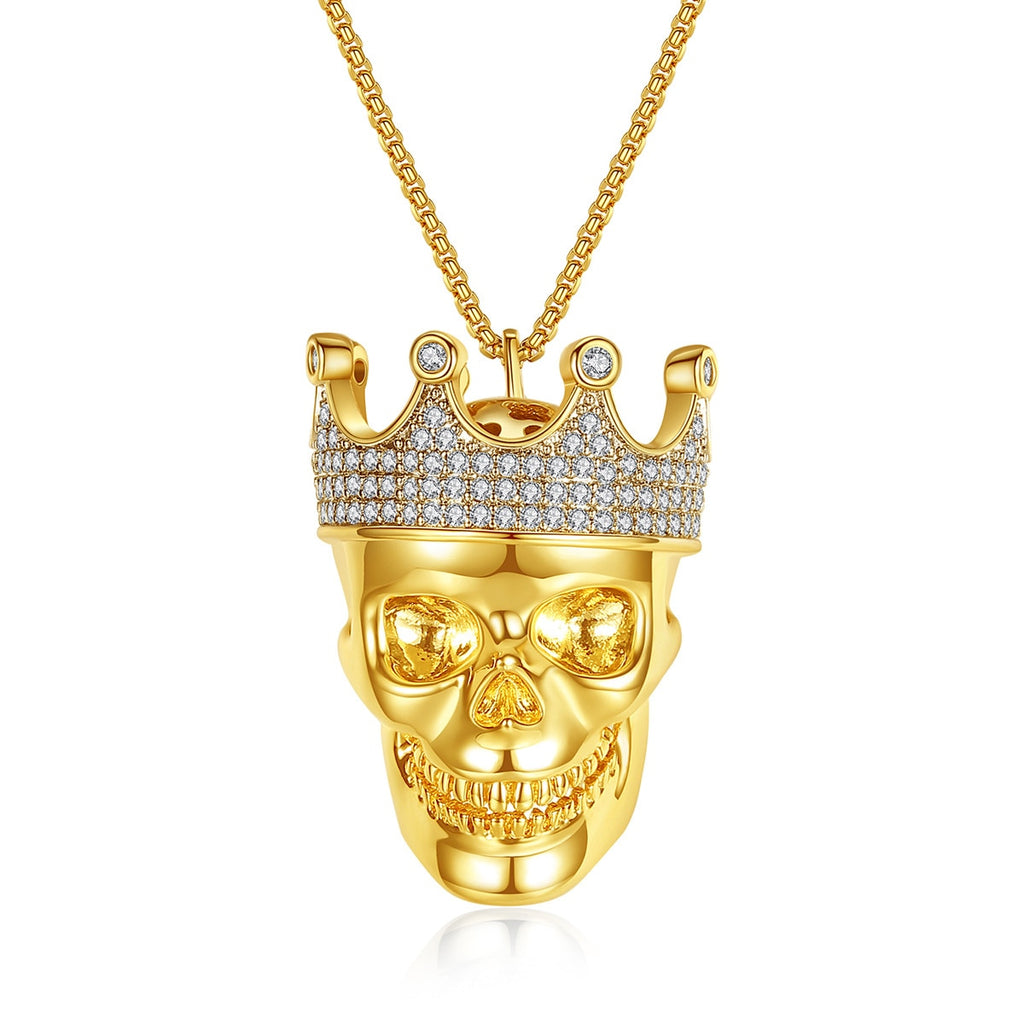 JINSE King Skull Shape Cubic Zirconia Skeleton Necklace For Men Women Vintage Crown Human Skulls Gothic Cosplay Jewelry Gifts