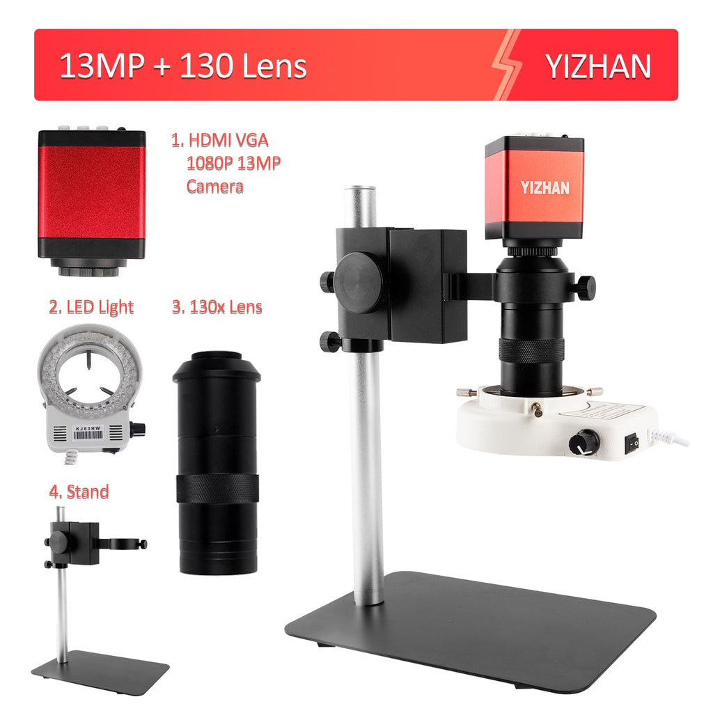 Microscopio Digital HDMI para electrónica, cámara de microscopio VGA de 13MP, lente de montaje opcional 130/150X C, soporte en voladizo para reparación