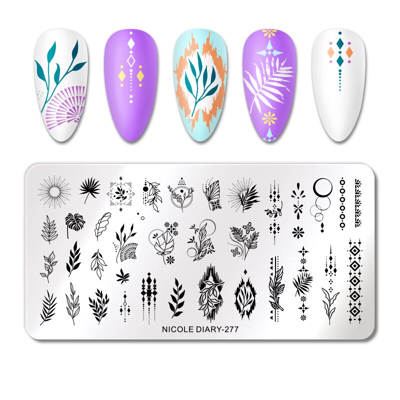 NICOLE DIARY Leaves Flower Stripe Design Stamping Plates Abstract Lady Face Nail Stamp Templates Leaf Floral Printing Stencil