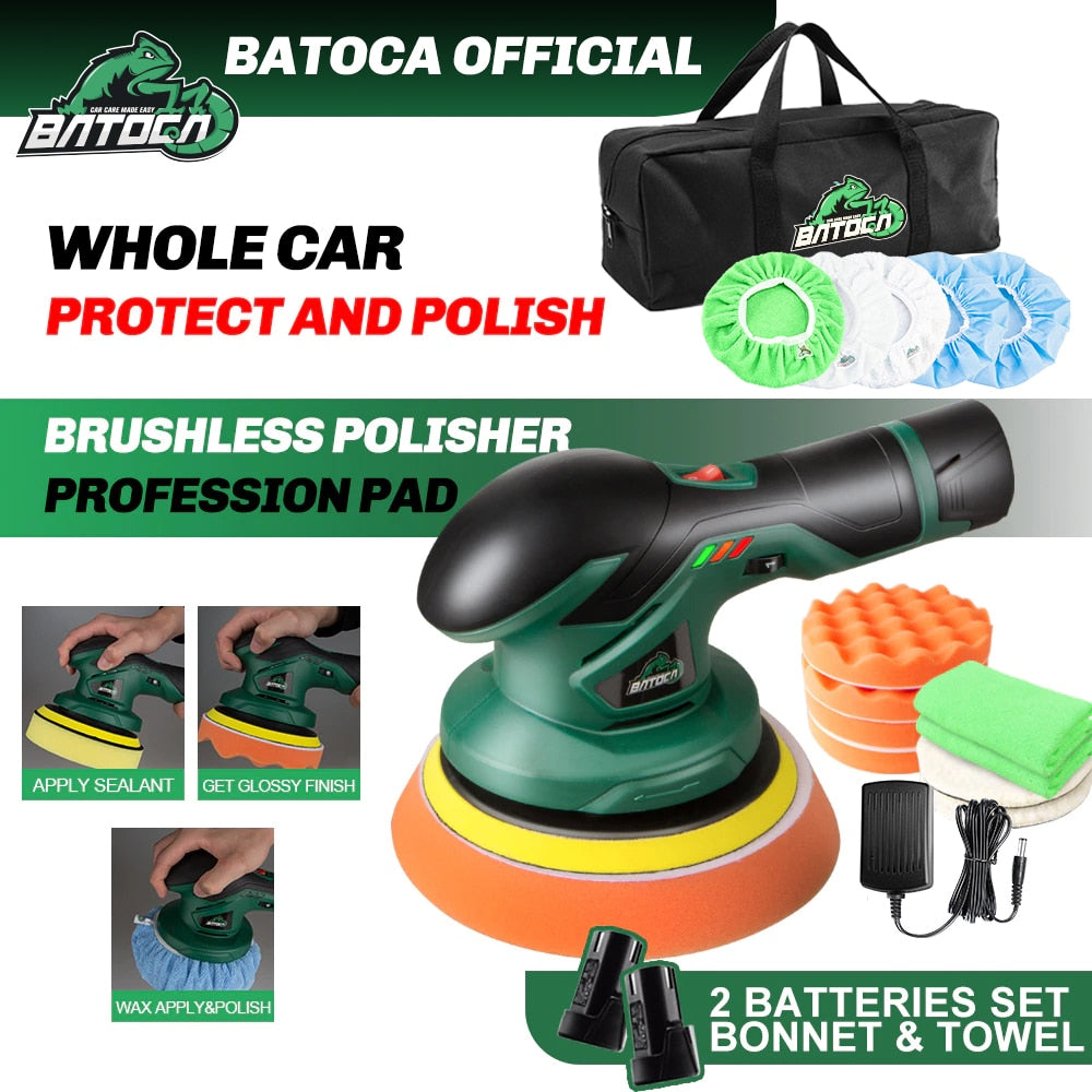 BATOCA Cordless Car Polisher 12V Wireless DA Car Polishing Machine Brushless Dual Action Buffer Free 2pcs 2.0Ah Lithium Battery