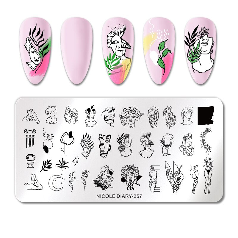 NICOLE DIARY Leaves Flower Stripe Design Stamping Plates Abstract Lady Face Nail Stamp Templates Leaf Floral Printing Stencil