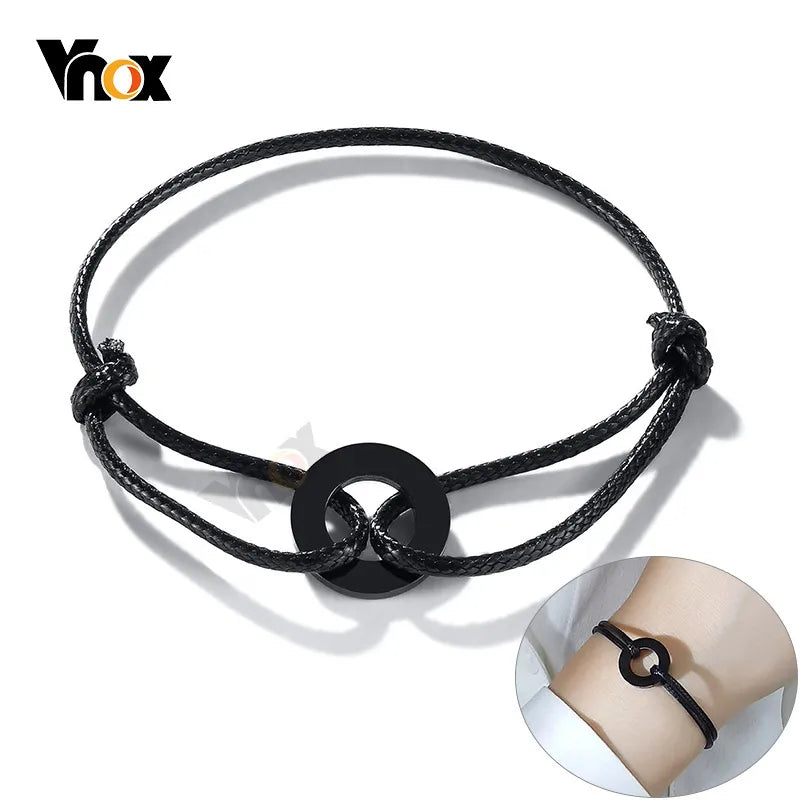 Vnox Simple Circle Charm Bracelets for Men Women Adjustable Length Black Rope Casual Love Couple Wrist Jewelry