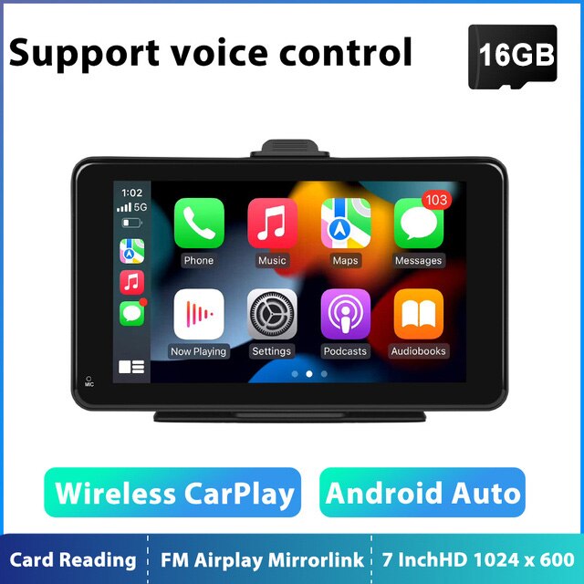 Podofo Universal 7'' Car Radio Wireless Carplay Android Auto Multimedia Video Player Touch Screen Monitor Tablet Smart TV