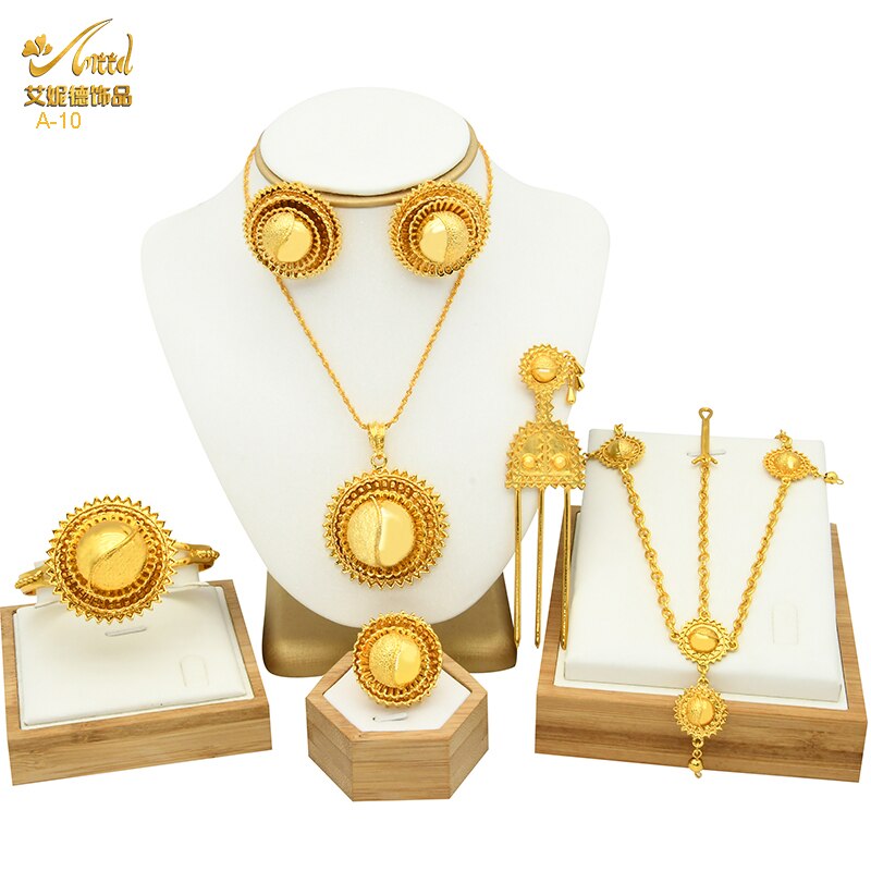 Women's six Piece Ethiopian Flower Shape Plated Jewelry Sets Nigerian Wedding Party Gifts Luxury Necklace Set