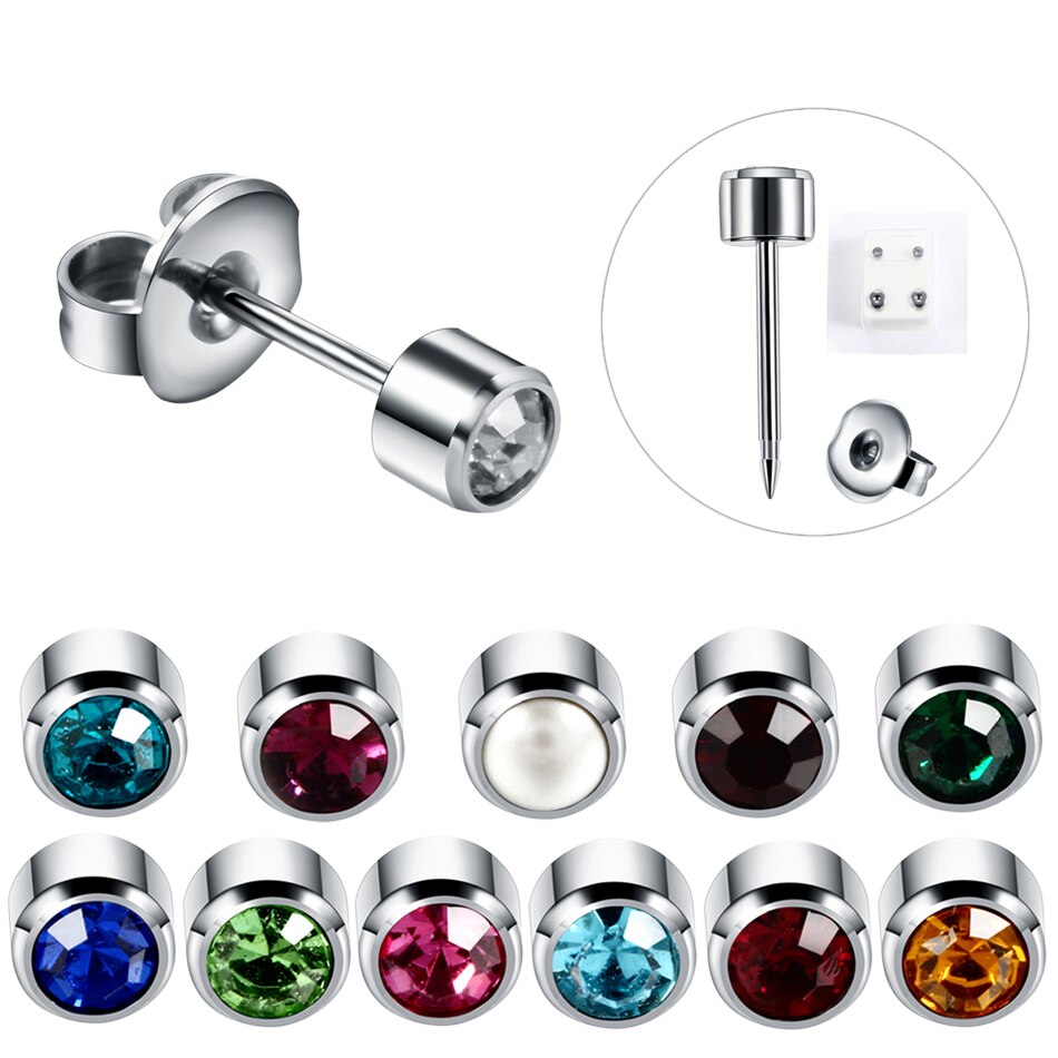 Twelve pieces or a pair Birthstone Gem Steel Earring Studs Ear Piercing Jewelry.