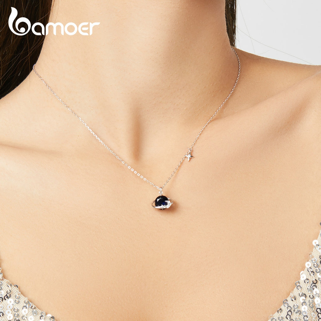 bamoer 925 Sterling Silver Blue Planet Pendant Necklace for Women Stars Design Engagement Statement Jewelry Colllar BSN166