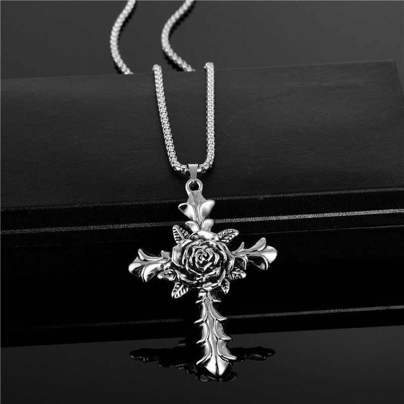 Fashion Vintage Flame Cross Pendant Necklace For Women Men Long Chain Punk Goth Trendy Accessories Choker Gothic Jewelry