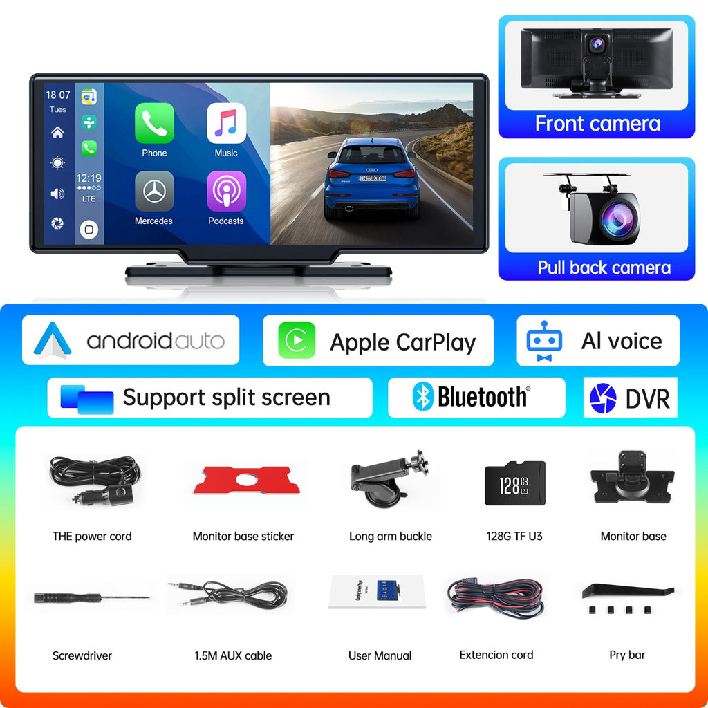 TOGUARD 10inch Dual Lens Wireless Carplay Screen Player Android Auto Car Stereo DVR Recorder Dashboard WiFi GPS Rearview Camera