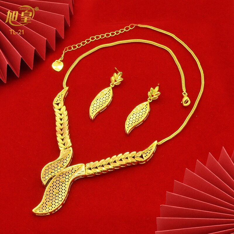 XUHUANG Dubai 24K Plated Necklace Earring Set Arabic Ethiopian Nigerian Banquet Wedding Party Necklace Choker Jewellery Set Gift