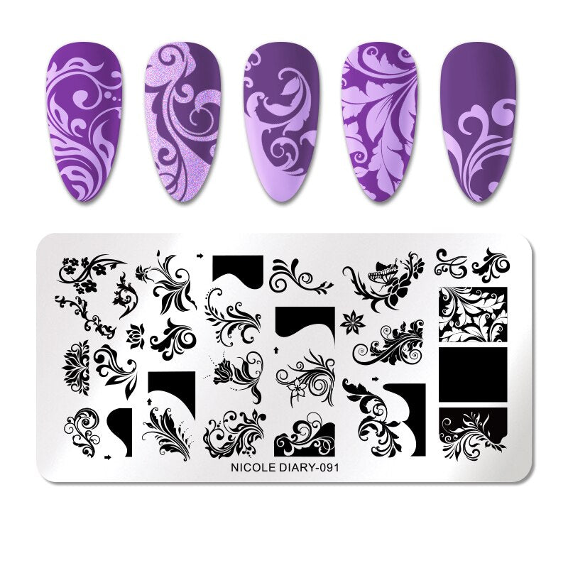 NICOLE DIARY Leaves Flower Stripe Design Stamping Plates Abstract Lady Face Nail Stamp Templates Leaf Floral Printing Stencil