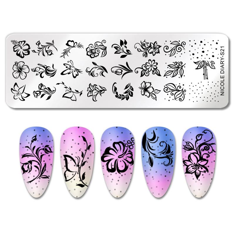 NICOLE DIARY Leaves Flower Stripe Design Stamping Plates Abstract Lady Face Nail Stamp Templates Leaf Floral Printing Stencil