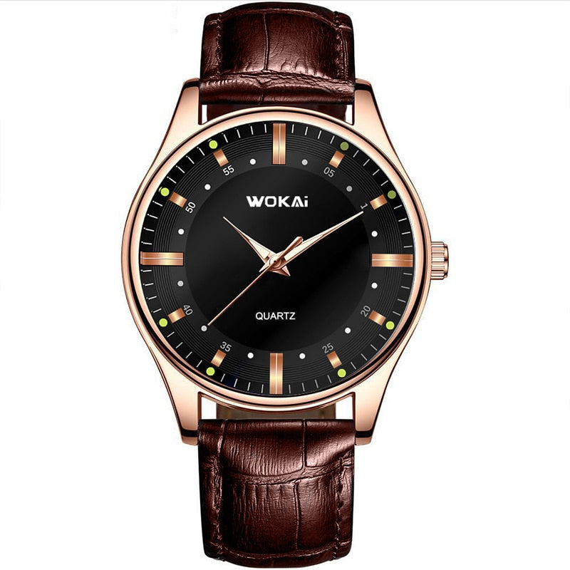 WOKAI high quality Rose Gold Men&#39;s Casual belt quartz watch Men&#39;s student three eyes Women&#39;s night light waterproof clock