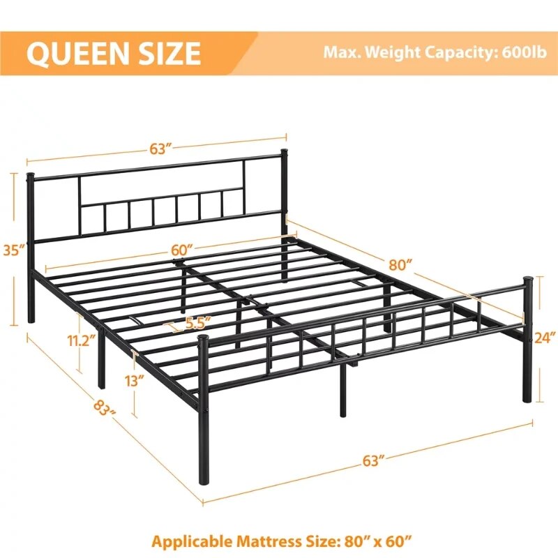 Easyfashion Queen Metal Platform Bed with Spindle Headboard and Footboard, Black