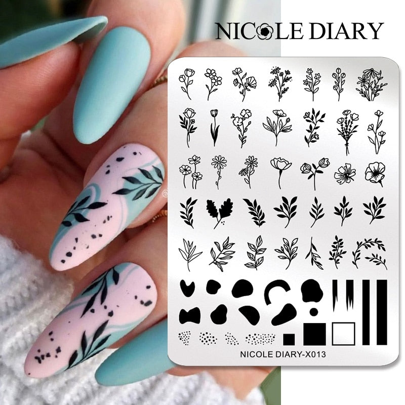 NICOLE DIARY Leaves Flower Stripe Design Stamping Plates Abstract Lady Face Nail Stamp Templates Leaf Floral Printing Stencil