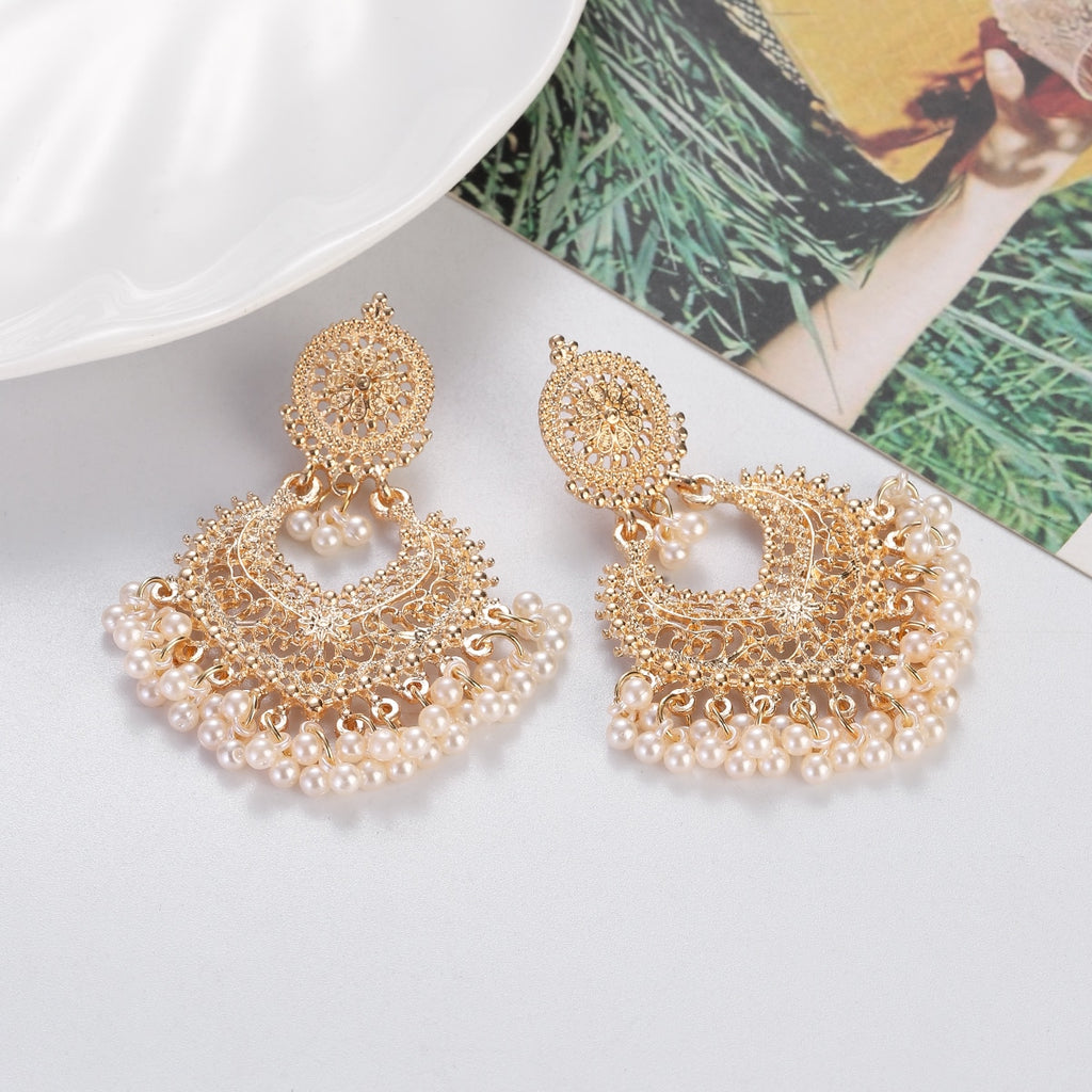 New Ethnic Gold Color Indian Jhumka Earrings for Women Pendient Heart Shape Beads Tassel Earring 2023 Vintage Brincos Jewelry