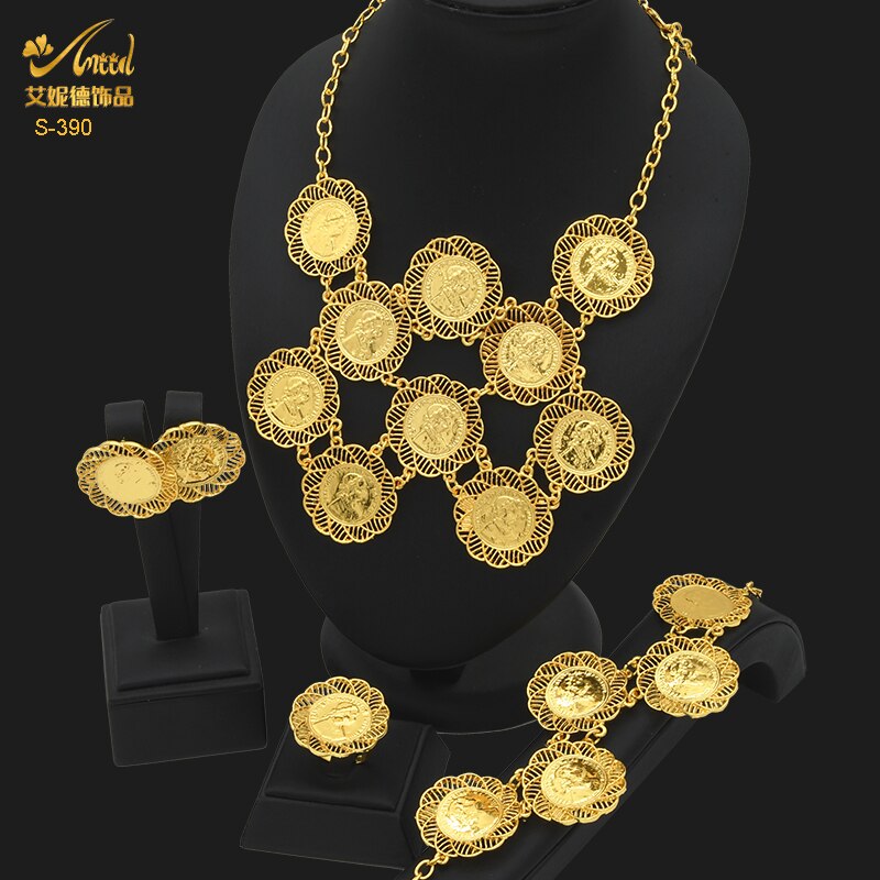 ANIID Dubai Gold Plated Coin Necklace Bracelet Jewelry Sets For Women African Ethiopian Bridal Wedding Luxury Jewellery Gifts