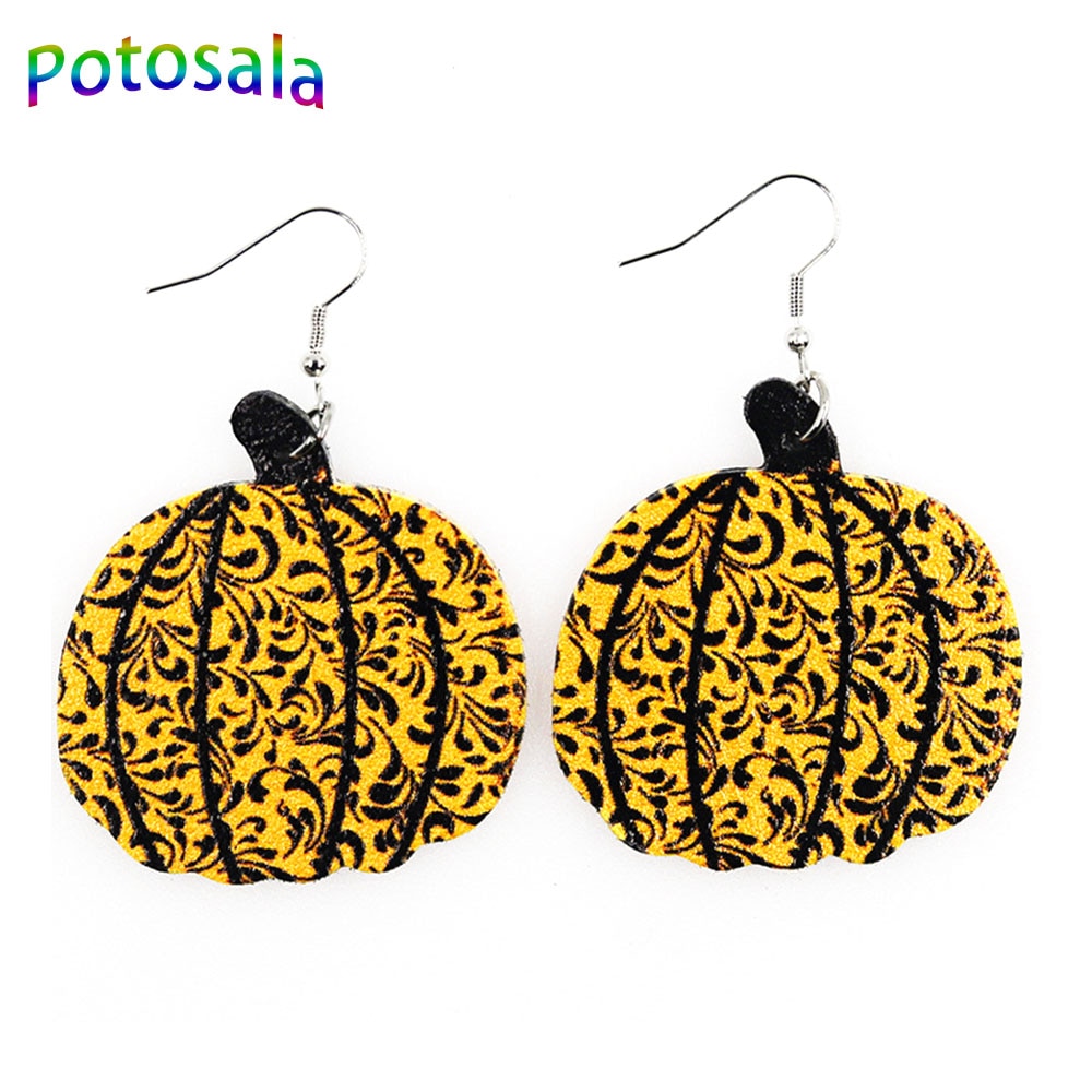 Pumpkin Maple Thanksgiving Leather Earrings Women Vintage Unique Floral Checked Print Leather Teardrop Dangle Earrings Gifts