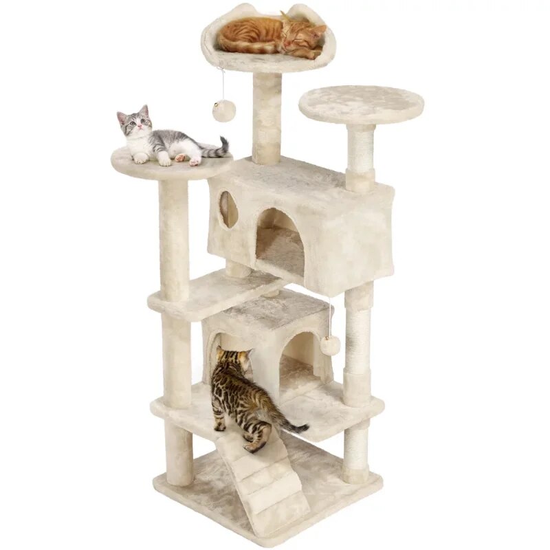Easyfashion Cat Tree Tower Condo Scratching Post Kitten Furniture,（Beige/Brown  /Navy Blue）